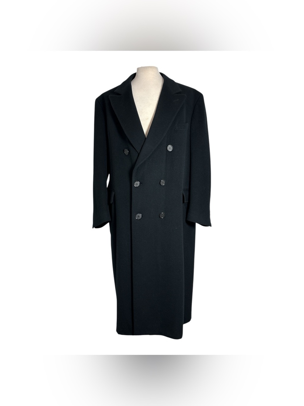 Saks Fifth Avenue Mens Sz 44R Black 100% Lambswool Double Breasted Long Overcoat